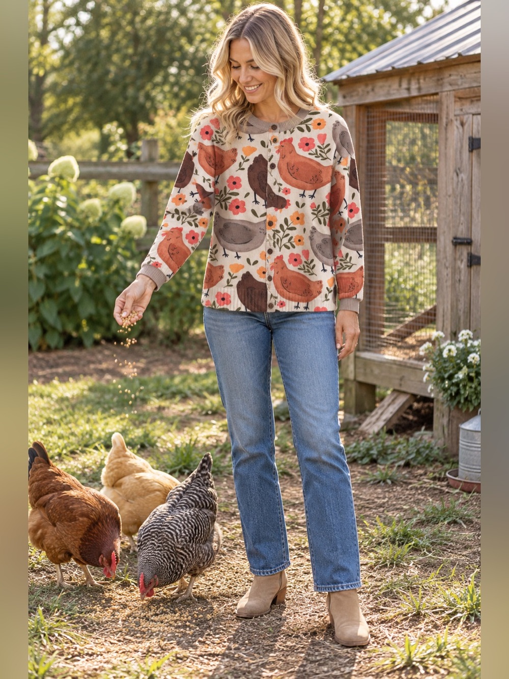 Chicken Lady’s Unite Cream Multi Chicken-Print Cardigan Top